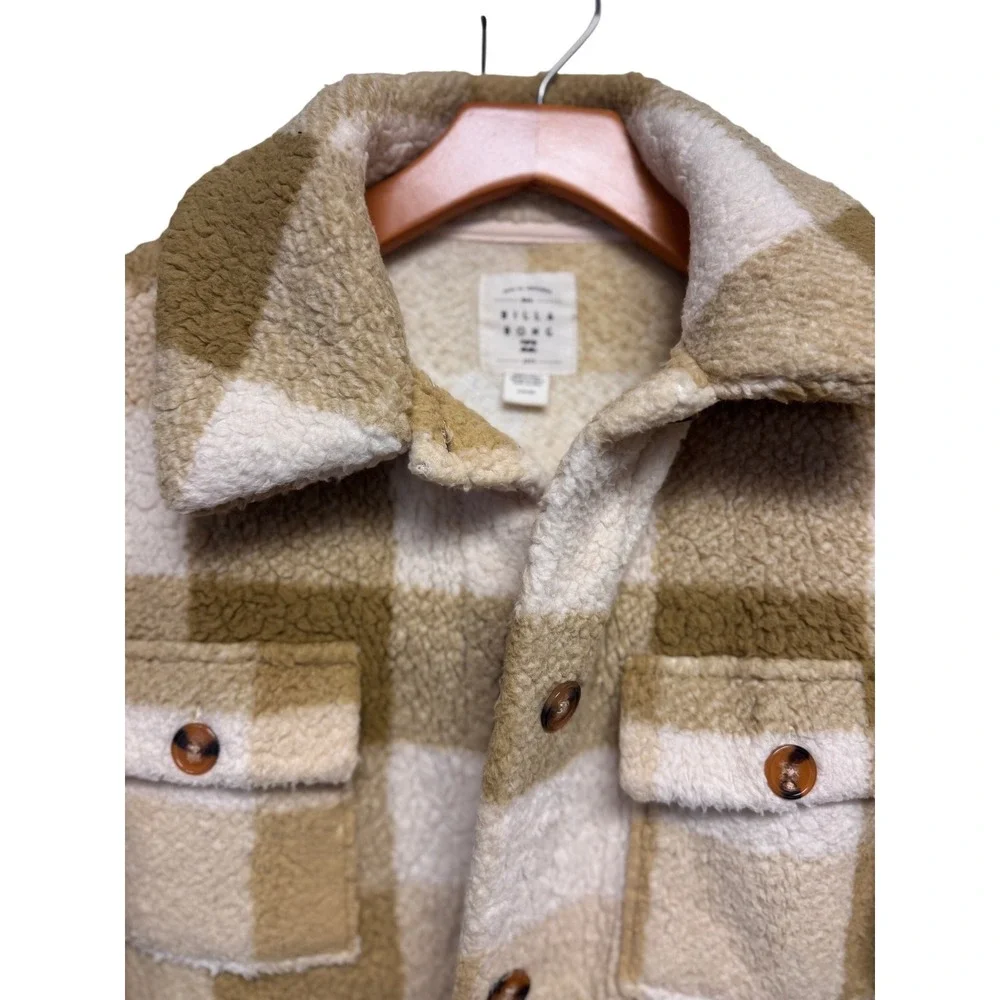 Billabong Cream Olive Plaid Sherpa Fleece Shacket Jacket Button Women's Small - Picture 2 of 9